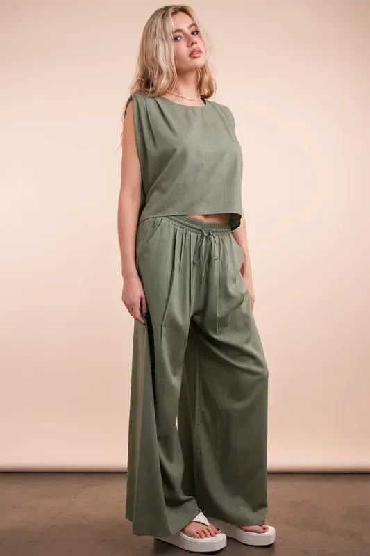 VERY J Solid Woven Top & Pants Set - DAVERRI FASHIONS