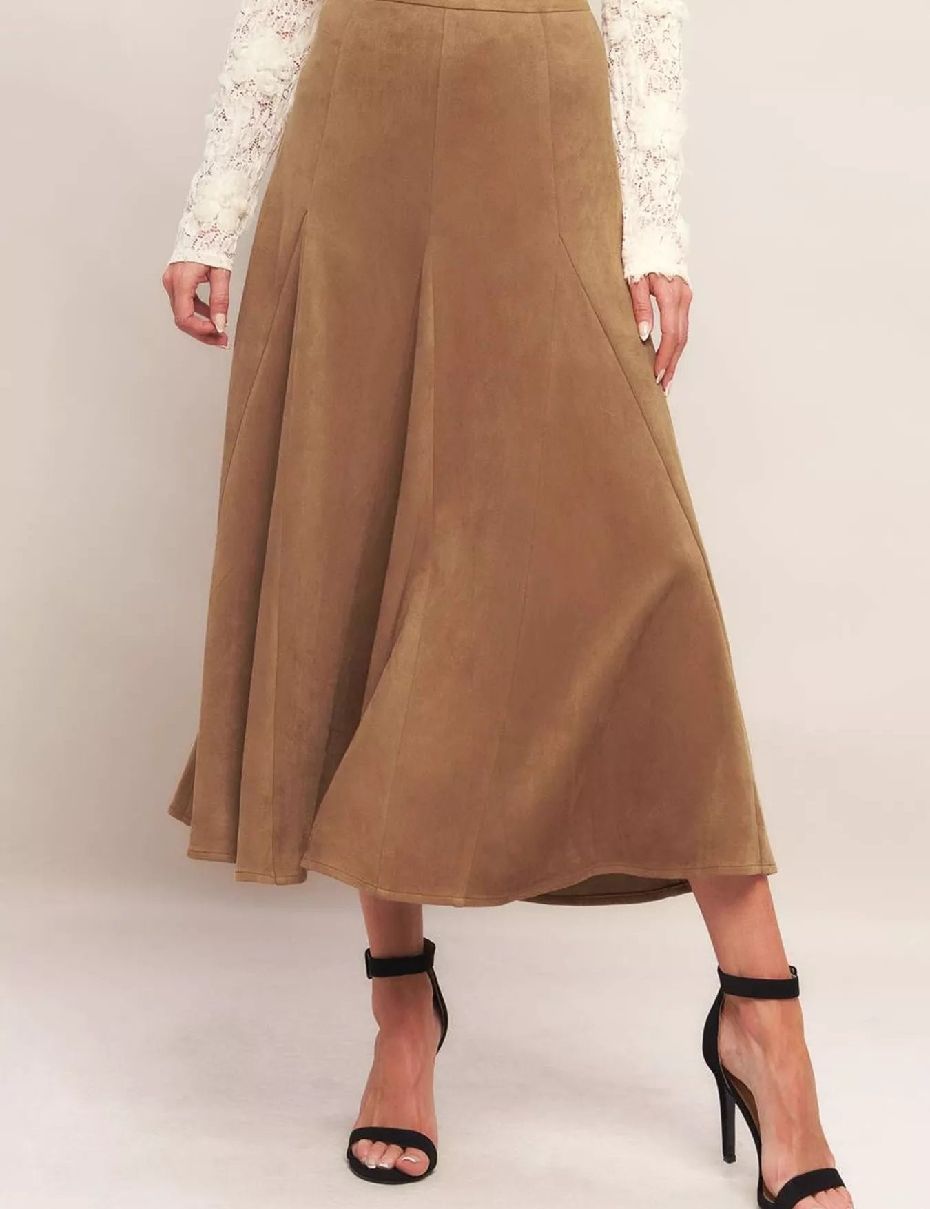 Khaki Flowy A-Line Midi Skirt | Skirts Daverri Fashions