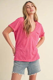 Aemi + Co Side Slit V-Neck Short Rolled Sleeve T-Shirt | Daverri Fashions