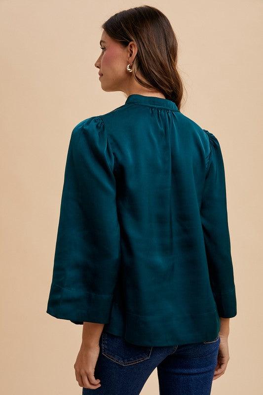 Annie Wear Satin Notched Three-Quarter Sleeve Blouse | Blouses Daverri Fashions