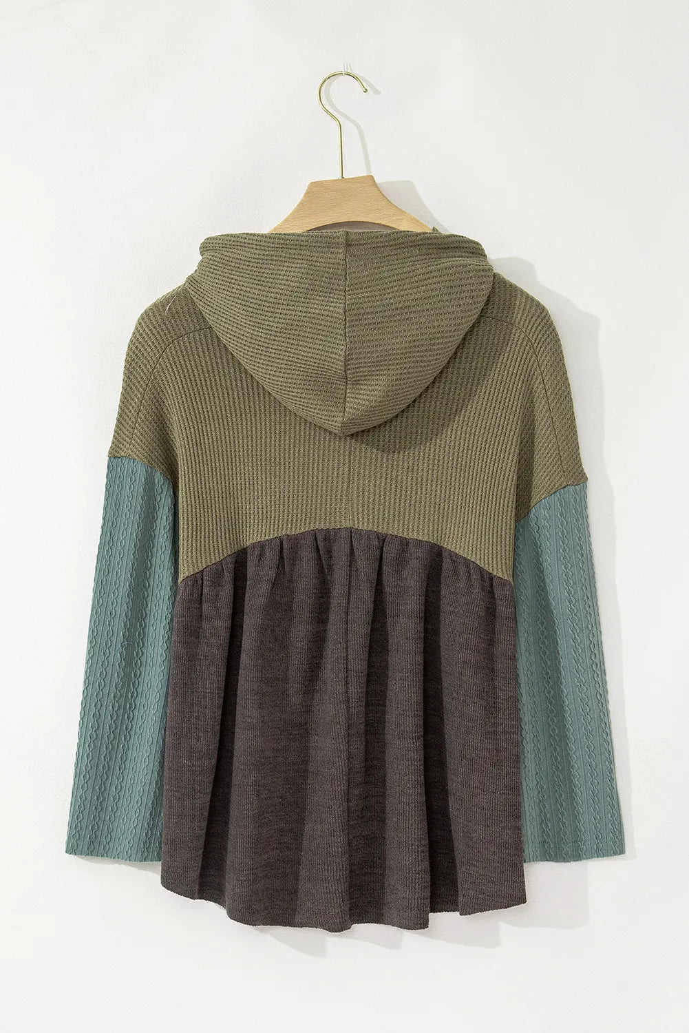 Waffle-Knit High-Low Color Block Hooded Long Sleeve Top | Tops Daverri Fashions