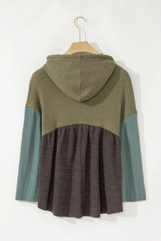Waffle-Knit High-Low Color Block Hooded Long Sleeve Top | Tops Daverri Fashions
