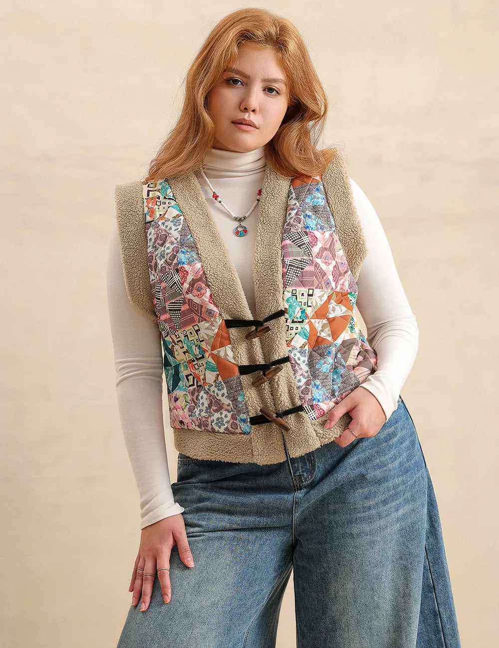 Multicolor Plus Size Printed Sherpa Vest Coat | Daverri Fashions