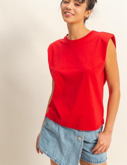 Red HYFVE Round Neck Shoulder Pad Sleeveless Top | Tops Daverri Fashions