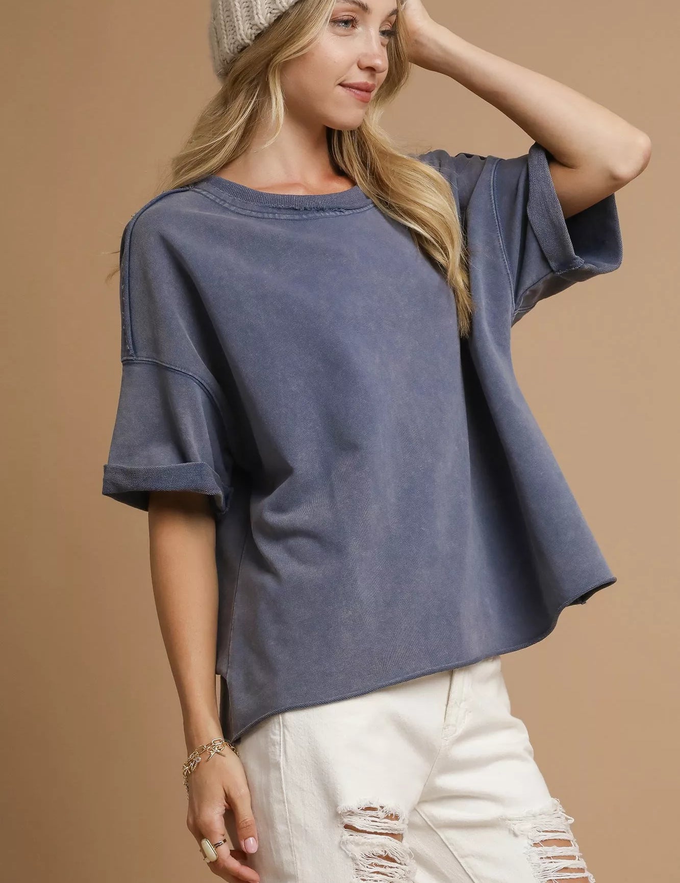 Umgee Mineral Wash Round Neck Top Blue | Tops Daverri Fashions