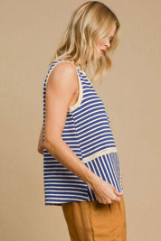 Umgee Round Neck Texture Striped Tank Blue | Tank Tops Daverri Fashions