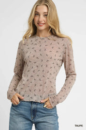 Taupe Umgee Bow Print Lightweight Knit Top | Tops Daverri Fashions