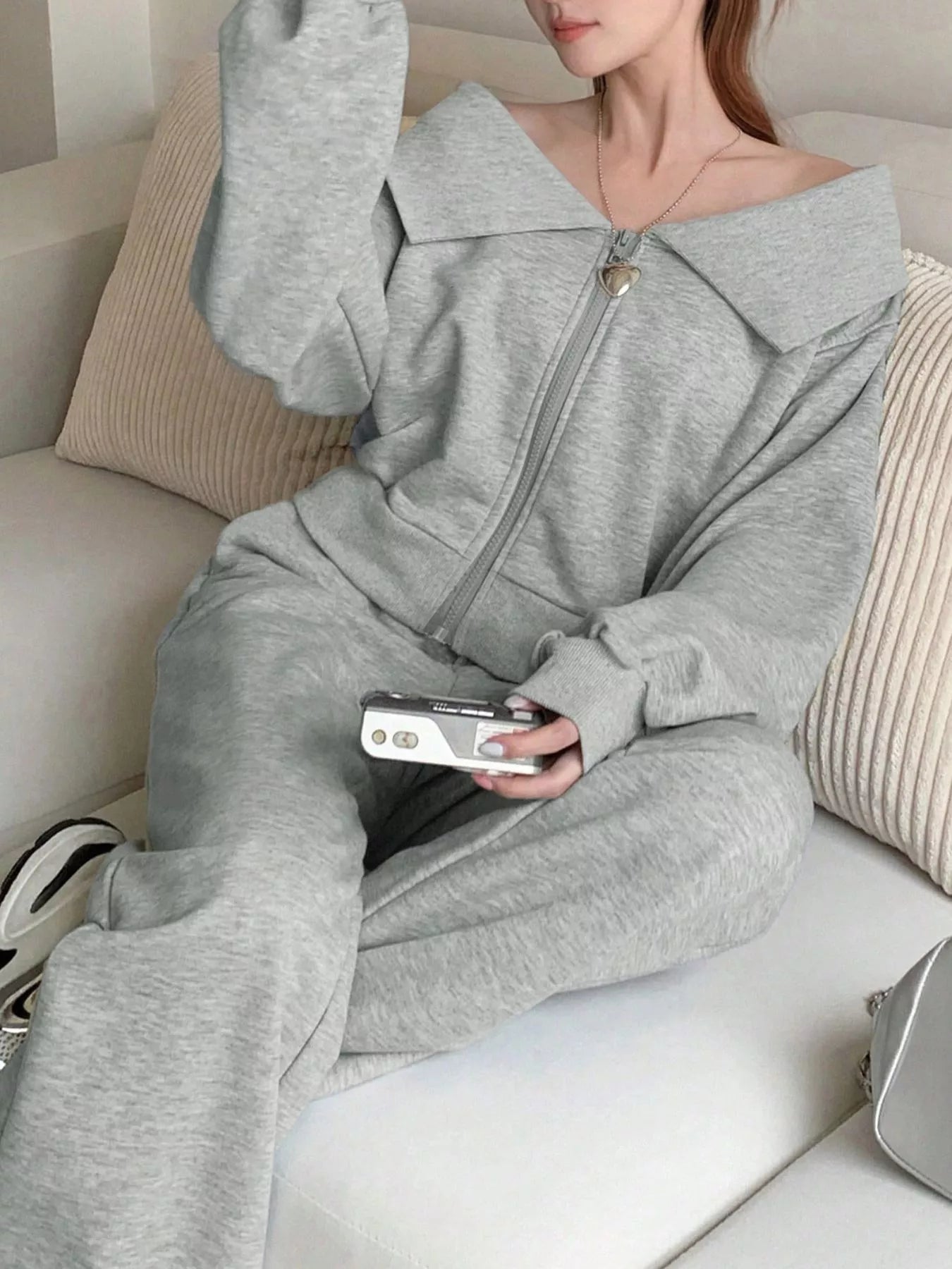 Light Gray Zip Up Long Sleeve Top and Pants Set | Loungewear Sets Daverri Fashions