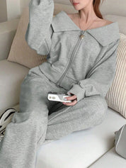 Light Gray Zip Up Long Sleeve Top and Pants Set | Loungewear Sets Daverri Fashions