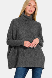 Black Brushed Melange Hacci Black Turtleneck Sweater | Sweaters Daverri Fashions