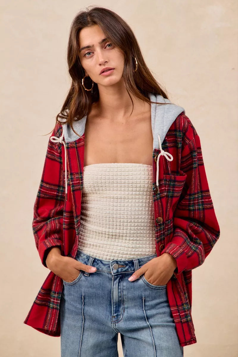 BiBi Brushed Plaid Hooded Jacket | Jackets Daverri Fashions