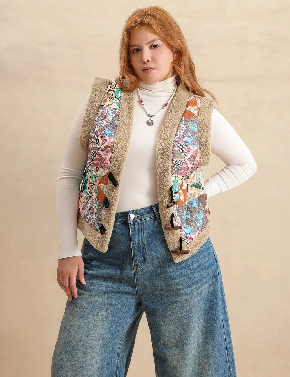 Plus Size Printed Sherpa Vest Coat | Daverri Fashions