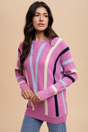 Annie Wear Chevron Stripe Round Neck Ribbed Sweater | Sweaters Daverri Fashions