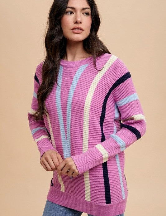 Annie Wear Chevron Stripe Round Neck Ribbed Sweater | Sweaters Daverri Fashions