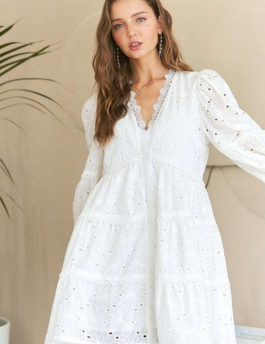 White S ADORA Lace Detail Tiered Eyelet V-Neck Babydoll Dress | Babydoll Dresses Daverri Fashions