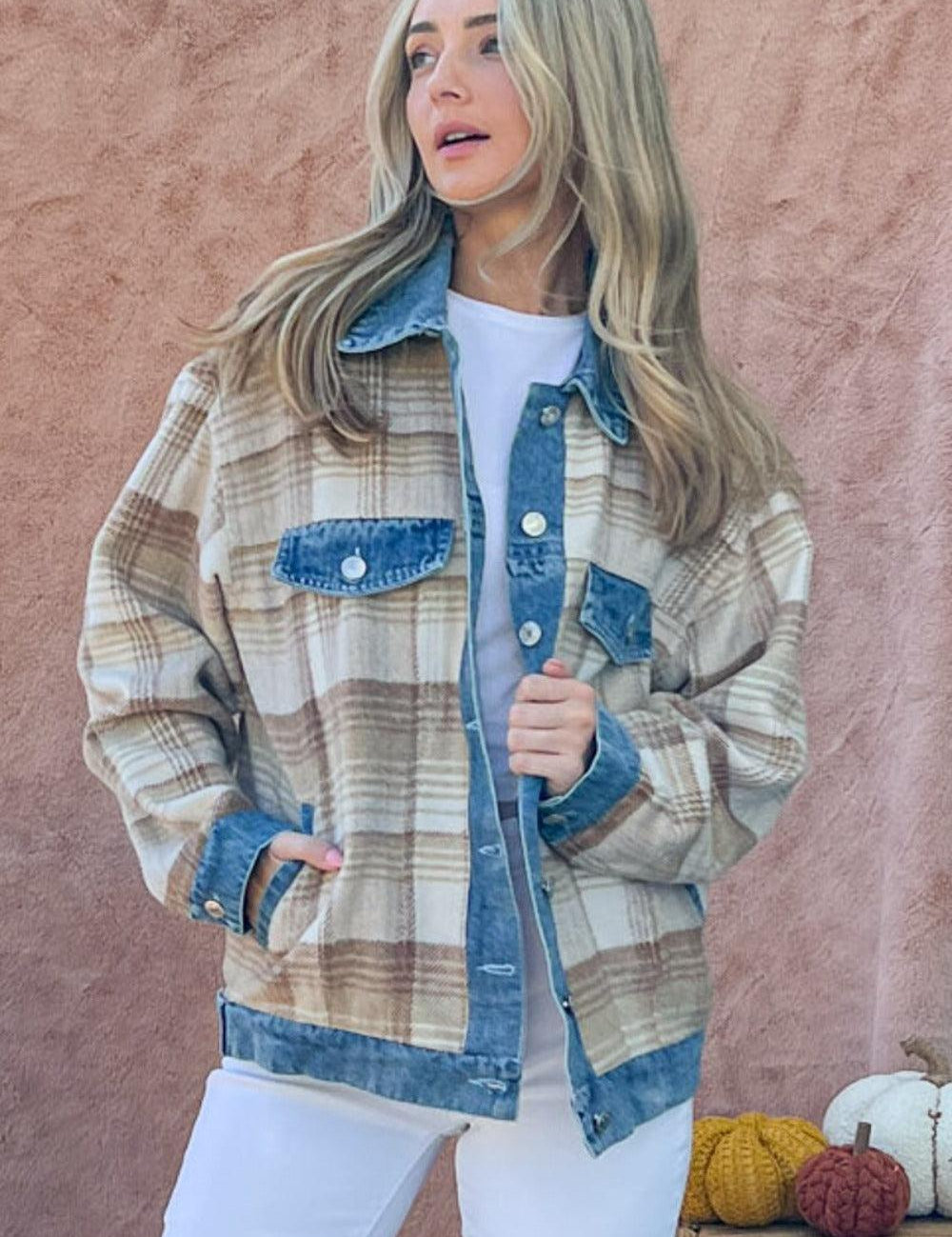Multi And The Why Full Size Washed Denim Detail Brushed Plaid Jacket | Daverri Fashions