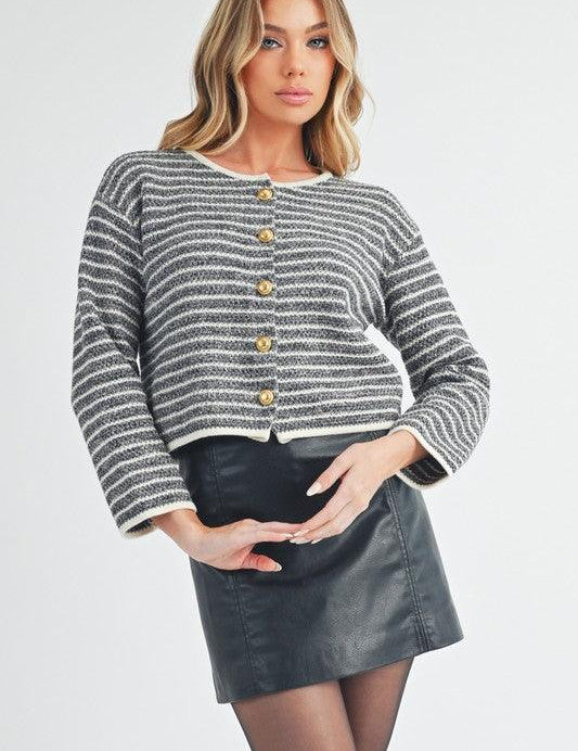 Aemi + Co Striped Button Down Round Neck Cardigan | Cardigans Daverri Fashions