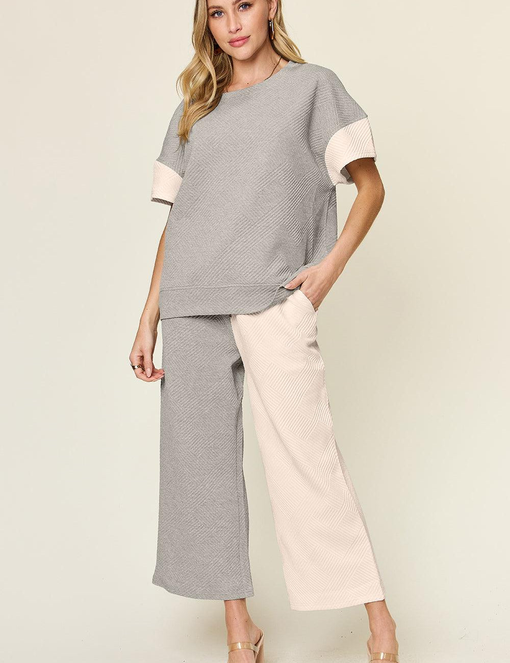 Light Gray Double Take Full Size Texture Contrast T-Shirt and Wide Leg Pants Set | Outfit Sets Daverri Fashions