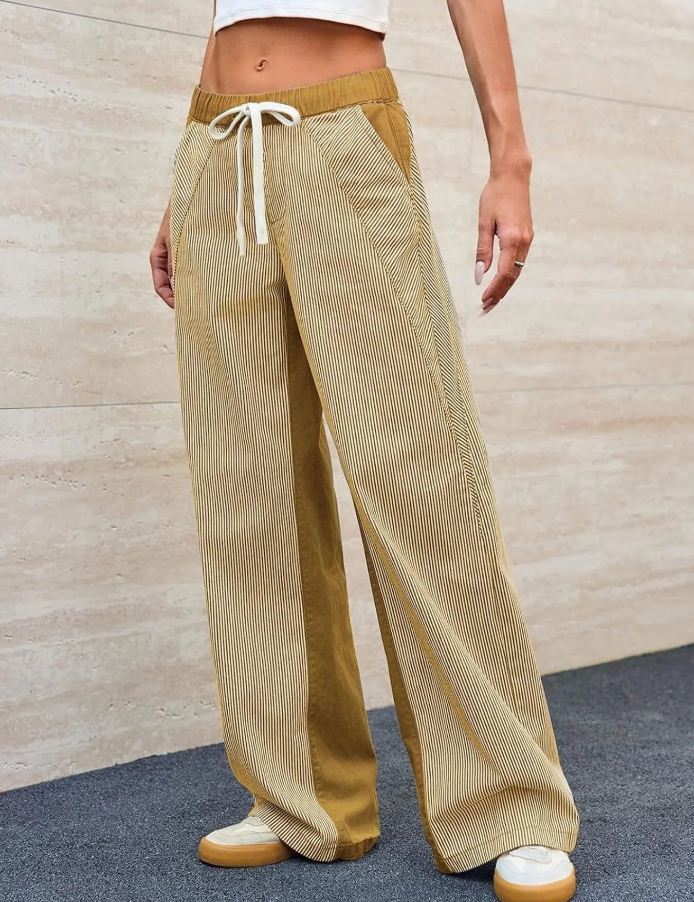 Mustard Striped Wide Leg Jeans | Pants Daverri Fashions