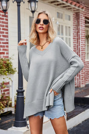 Slit V-Neck Dropped Shoulder Sweater | Sweaters Daverri Fashions