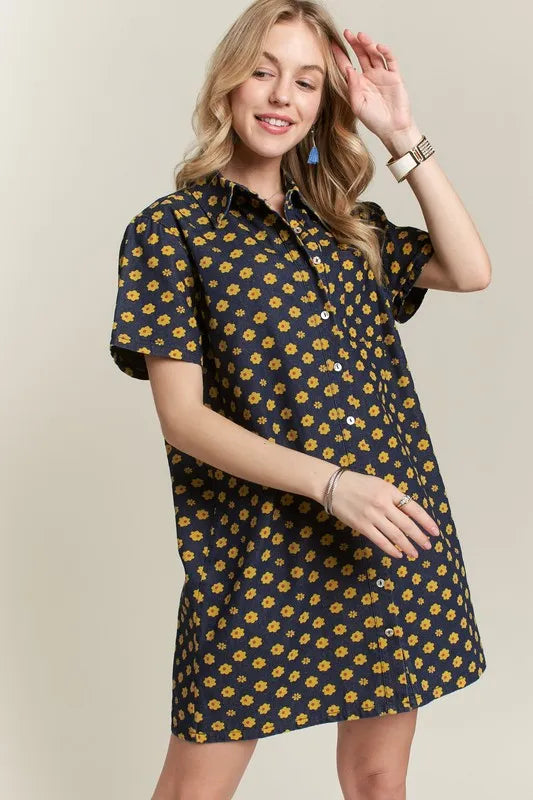 ADORA Floral Button-Up Mini Denim Dress | Mini Dresses Daverri Fashions