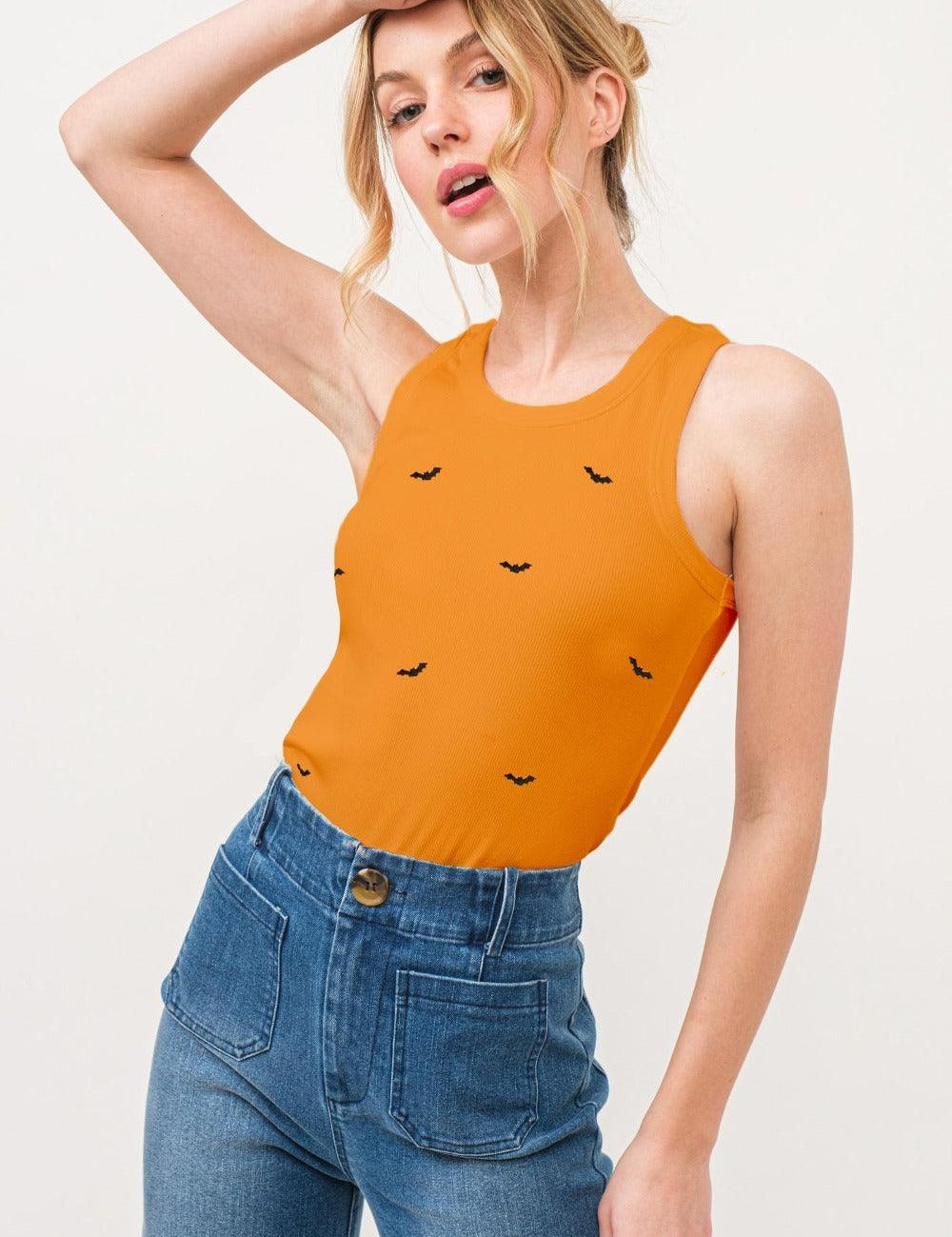 Orange M And The Why Bat Embroidered Ribbed Tank | Daverri Fashions