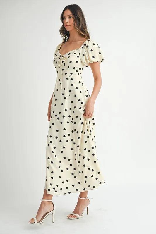 MABLE Polka Dot Puff Sleeve Midi Dress | Daverri Fashions