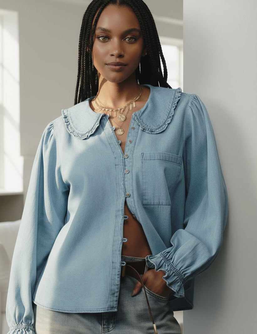 Peter Pan Collar Ruffled Denim Shirt | Shirts Daverri Fashions