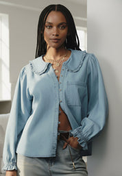 Peter Pan Collar Ruffled Denim Shirt | Shirts Daverri Fashions
