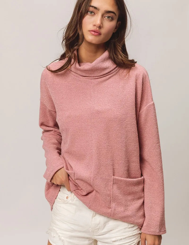 MAUVE BiBi Piper Rib Double Pocket Turtle Neck Sweater | Sweaters Daverri Fashions