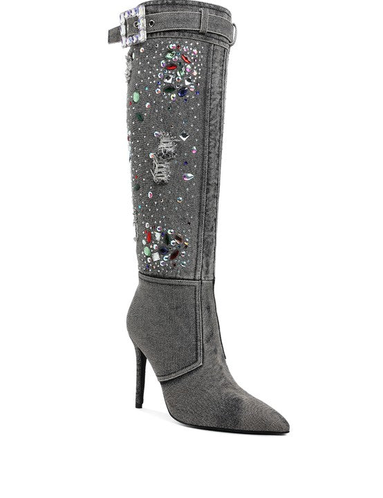 Black Cornik Multi Color Stones Denim Boots | Boots Daverri Fashions