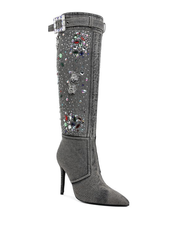 Cornik Multi Color Stones Denim Boots | Boots Daverri Fashions