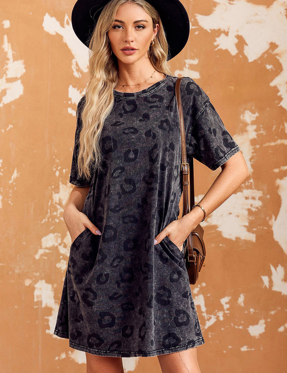 Dark Gray S Leopard Round Neck Dropped Shoulder Dress with Pockets | Mini Dresses Daverri Fashions