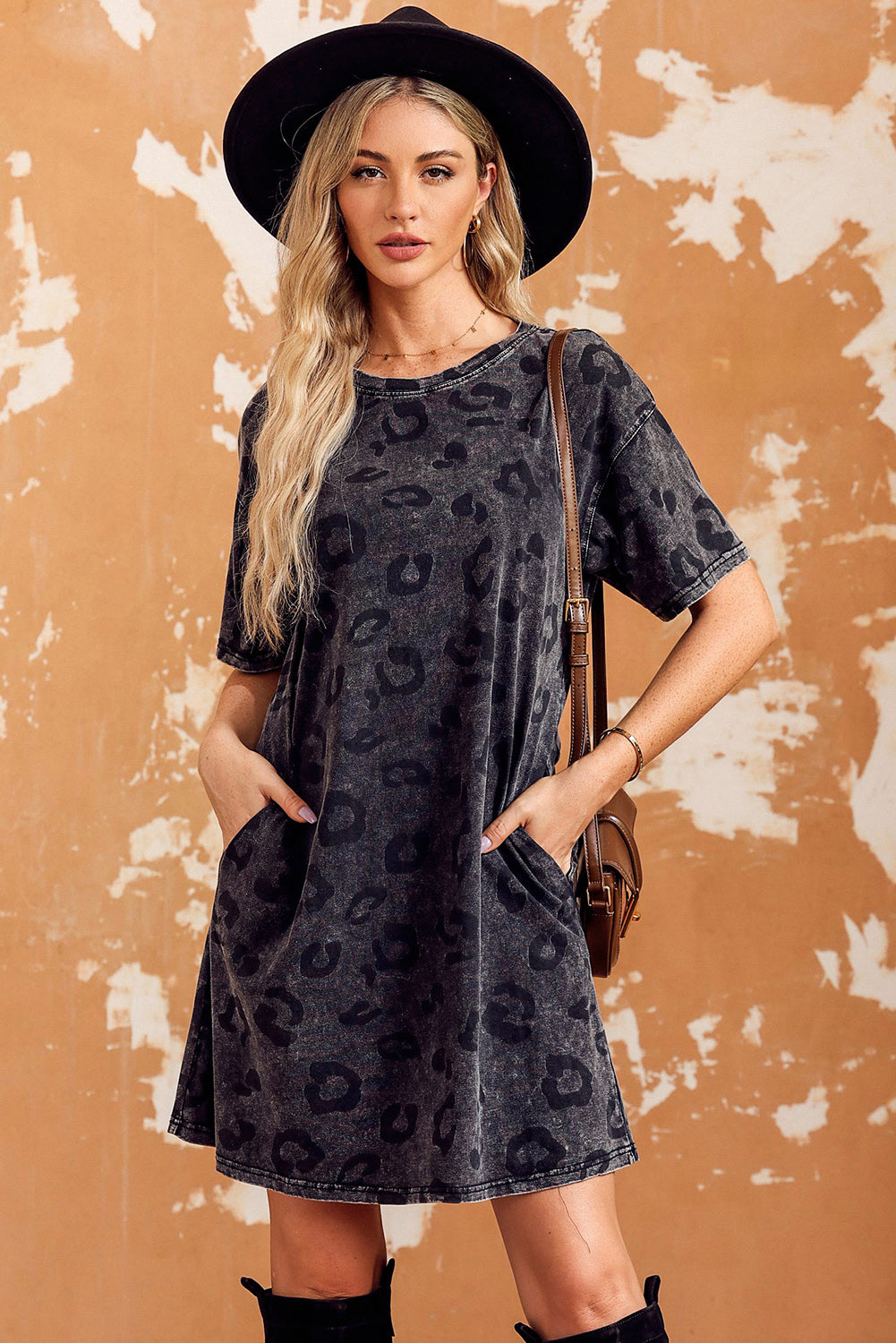 Dark Gray S Leopard Round Neck Dropped Shoulder Dress with Pockets | Mini Dresses Daverri Fashions