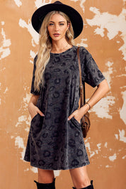 Dark Gray S Leopard Round Neck Dropped Shoulder Dress with Pockets | Mini Dresses Daverri Fashions