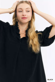 Umgee Linen Scallop Trim V-Neck Blouse | Daverri Fashions