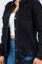 American Bazi Distressed Button Up Long Sleeve Denim Jacket | Daverri Fashions