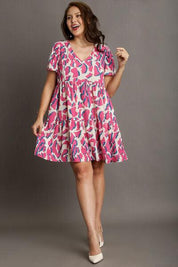 Umgee Full Size Abstract Print Pleat Detail Short Sleeve V-Neck Tiered Dress Plus Size | Daverri Fashions