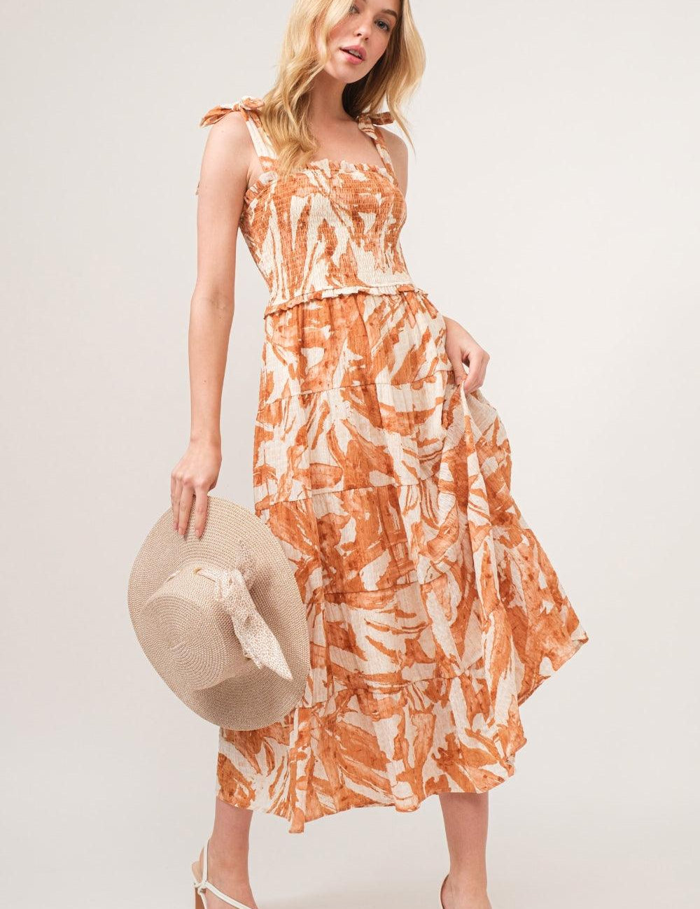 Hazelnut And The Why Tie Shoulder Smocked Midi Tiered Dress | Daverri Fashions