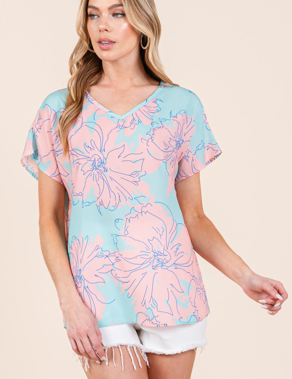 Aqua-Pink BOMBOM Floral Short Sleeve T-Shirt | Daverri Fashions