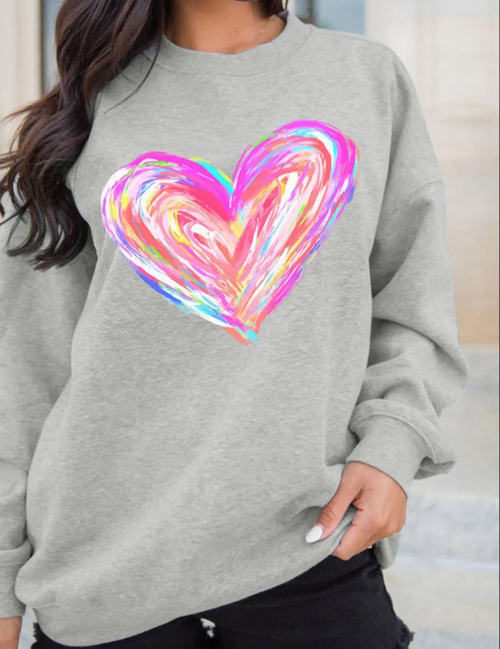 Gray Valentine’s Day Heart Round Neck Drop Shoulder Sweatshirt | Sweatshirts Daverri Fashions