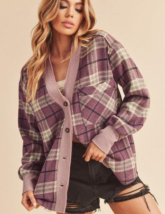 Purple Aemi + Co Side Slit Patch Pocket Plaid Button Down Jacket | Daverri Fashions
