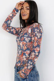 Floral Print Mesh Fitted Long Sleeve Top | Tops Daverri Fashions
