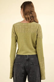VERY J V-Neck Lace Detail Button Down Crop Ribbed Knit Top | Knit Tops Daverri Fashions