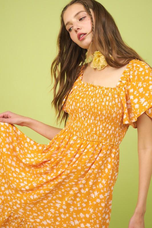 Mittoshop Flower Print Flutter Sleeve Smocked Midi Dress | Mid Dresses Daverri Fashions