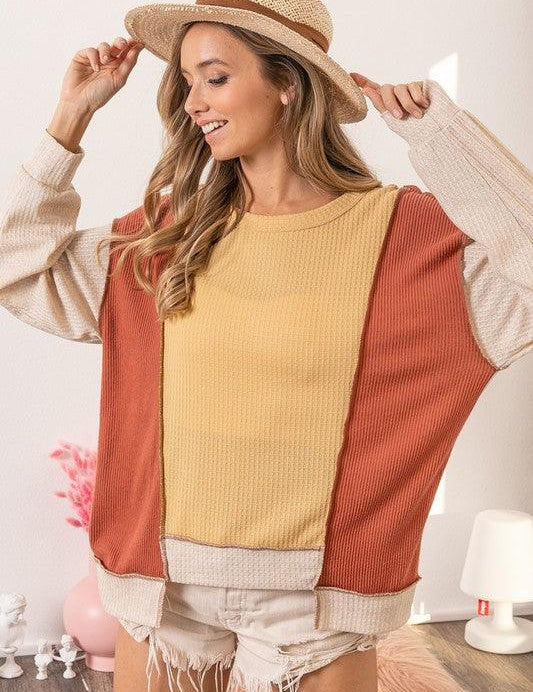BiBi Waffle-Knit Exposed Seam Color Block Uneven Hem Top | Tops Daverri Fashions