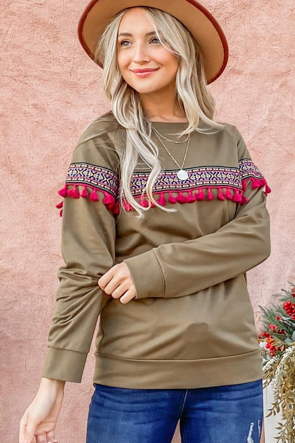 And The Why Ethnic Ribbon Tassel Trim Top | Tops Daverri Fashions