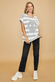 Umgee Peace Sign Patch Striped French Terry T-Shirt | T-Shirts Daverri Fashions