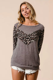 BiBi Sweater Knit Top With Leopard V Shape Block | Sweaters Daverri Fashions