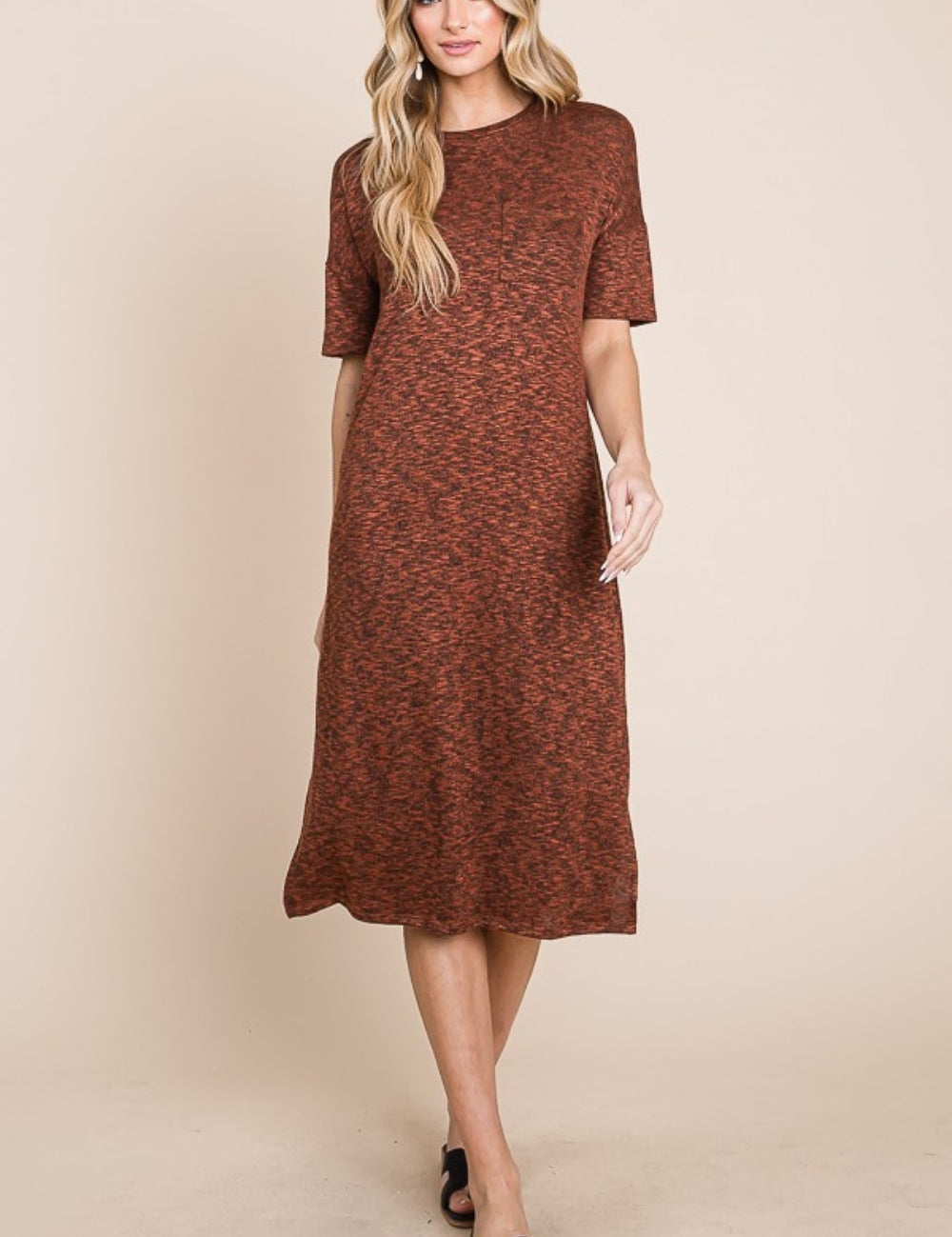 Rust BOMBOM Round Neck Side Slit Midi Dress | Daverri Fashions